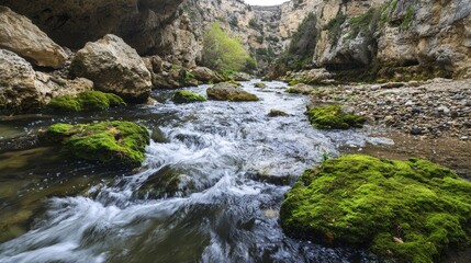 River flowing through rocky gorge vibrant green moss nature scene outdoor adventure scenic view tranquil concept