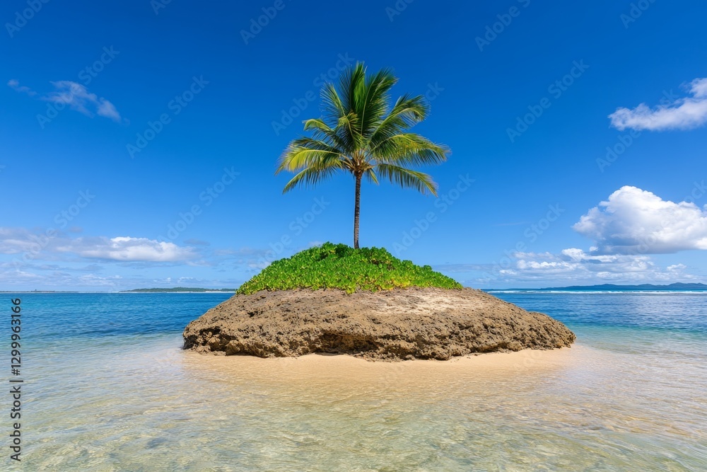 Poster a clean, minimalist composition of a single palm tree on a tiny island, surrounded by water