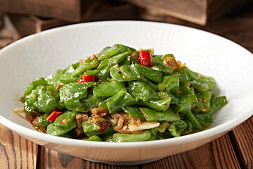 Garlic pork belly with green beans and chili peppers