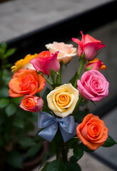 Colorful Rose Bouquet with Blue Ribbon Romantic Floral Arrangement