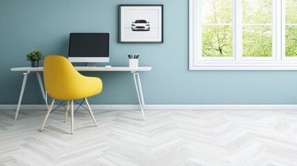 Fototapeta premium Bright Modern Home Office with Yellow Chair and Stylish Decor