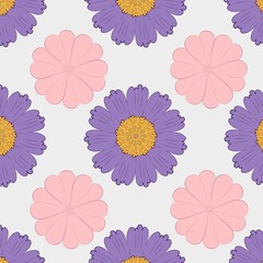 Obraz premium Seamless Floral Pattern, Purple Daisy and Pink Sakura Flowers Digital Design
