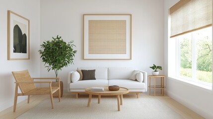 Modern Minimalist Living Room with Natural Light and Greenery