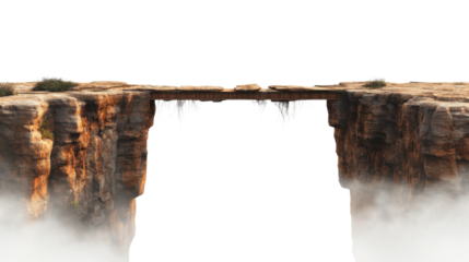 A broken bridge over a canyon transparent isolated on white background