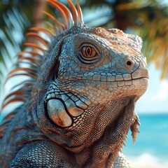Fototapeta premium A close-up of a vibrant iguana with striking colors, set against a tropical background of palm leaves and blue skies.