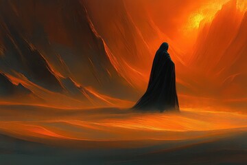 A mysterious figure in a dark cloak stands against a fiery sunset in a desolate landscape