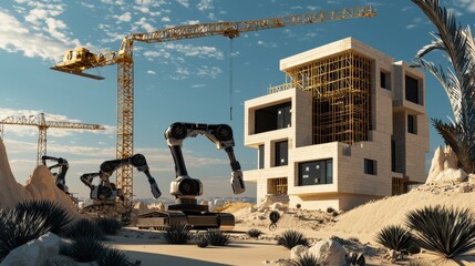 Construction robots assembling modern architecture in desert environment futuristic technology scene