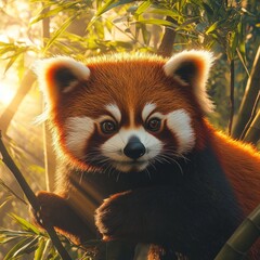 Adorable red panda in a lush bamboo forest, capturing a serene moment of wildlife in a vibrant, sunlit environment.