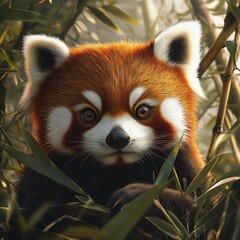 Adorable red panda peeking through lush bamboo, showcasing its vibrant fur and playful expression in a serene natural setting.