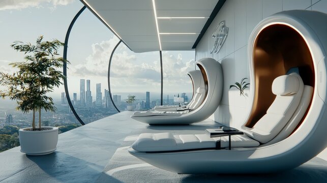 Futuristic mental health clinic urban skyline interior design modern environment wide angle wellness concept