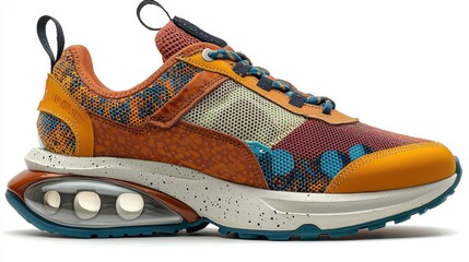 Colorful modern sneaker design showcasing innovative materials and unique patterns against a plain backdrop
