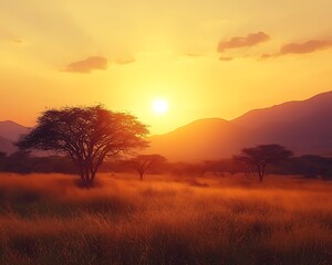 Obraz premium Vibrant African Sunset Over a Golden Savannah Landscape