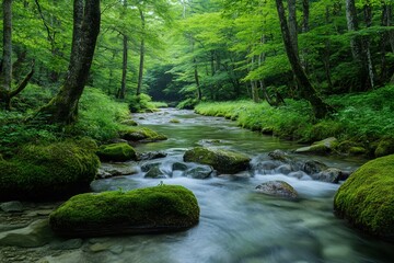 Fototapeta premium Pristine river flowing through a lush green forest