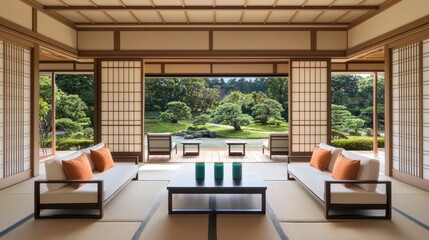 Fototapeta premium Tranquil Japanese Interior with Zen Garden View and Minimalist Design