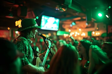 Musician playing guitar and singing in irish pub during Saint Patrick's day celebration