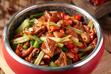 Braised pork intestines with black bean sauce, rice, pepper and celery