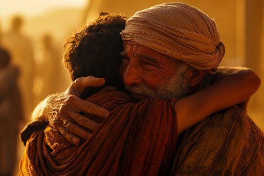 Father embracing his son, Bible story of the prodigal son.	
