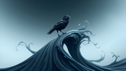 Black Crow sitting on waves of water background dark ai 