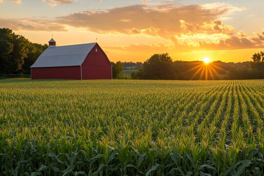 Red barn standing in a cornfield at sunset in the american countryside