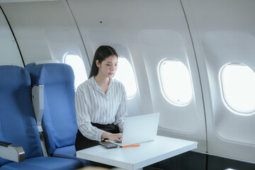 An Asian woman takes a flight and has a smooth travel experience, symbolizing modern transportation, adventure, and efficiency in air travel.