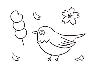 メジロと三色団子と桜の花びら／春の風物詩／手書きのベクター線画イラスト