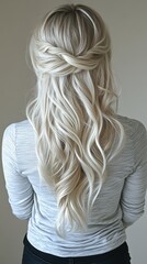 Naklejka premium Woman with long, wavy blonde hair styled elegantly, standing against a neutral background