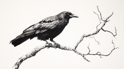 Obraz premium Detailed black and white drawing of a crow perched on a bare tree branch.