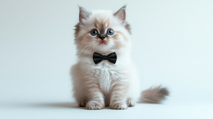 Obraz premium Fluffy white Persian kitten in a bow tie sits gracefully on a minimalist background
