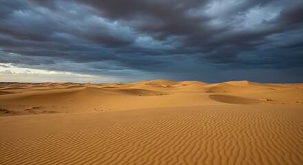 Naklejka premium Wind-sculpted sand dunes under a dramatic cloudy sky in the Arabian desert