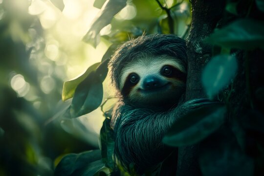 Smiling sloth hugging tree in tropical rainforest during sunset