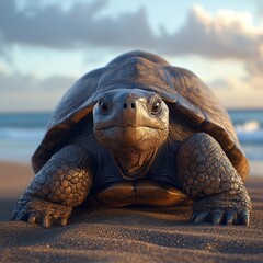 A realistic and close-up view of a turtle on the beach, showcasing its textured shell against a serene ocean backdrop.