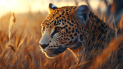 A stunning close-up of a leopard in golden grass, capturing its beauty and fierce gaze during a sunset.