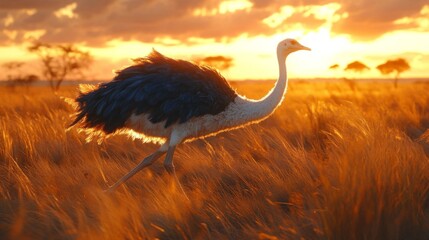 An elegant ostrich runs through golden grass at sunset, showcasing the beauty of nature in a serene landscape.