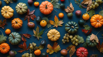 Fototapeta premium Thanksgiving pumpkins surrounded by fruits and falling leaves, celebrating autumn's bounty and warmth.