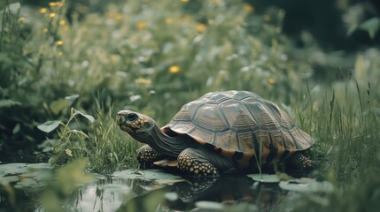 Obraz premium Tortoise rests peacefully with an octopus shadow, embodying solitude and calm joy.