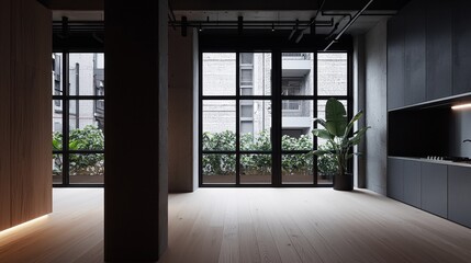 Fototapeta premium Modern Minimalist Interior with Large Windows and Plant Accent