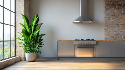 Fototapeta premium Modern Kitchen Interior with Brick Wall and Green Plant Decor