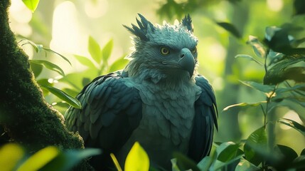 Stunning eagle perched among lush greenery, showcasing its majestic feathers and keen gaze in a tranquil forest setting.