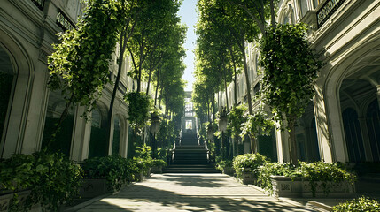 Obraz premium Green Trees Line an Alleyway Between Buildings on a Sunny Day