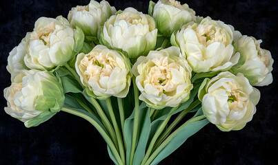 Fototapeta premium A stunning bouquet of creamy pale green double tulips, artfully arranged against a deep black background. Perfect for spring themes, floral designs, and elegance.