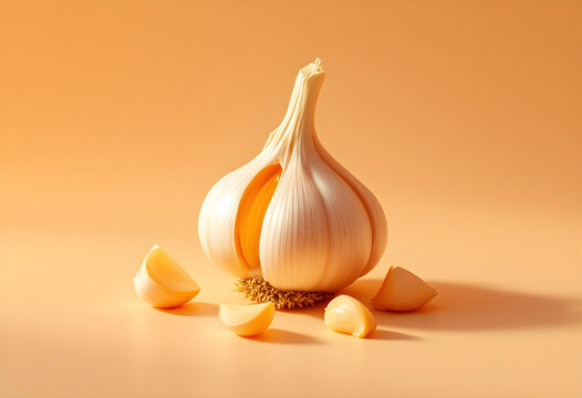 A bulb of garlic with cloves separated on a pale orange background