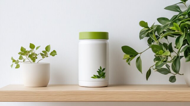 Green canister of iron chelate on shelf next to small potted plant