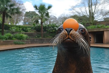 A playful seal balancing an orange ball on its nose by a serene pool surrounded by lush greenery