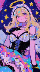 Retro comic style blonde female, starlight, blonde hairstyle with bangles, purple or color yellow background on the Kawaii girl concept