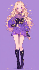 Retro comic style blonde female, starlight, blonde hairstyle with bangles, purple or color yellow background on the Kawaii girl concept