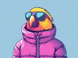 Fototapeta premium parrot in purple puffer jacket, oversized sunglasses