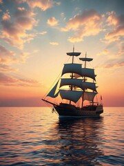 Fototapeta premium A serene scene of a sailboat journeying through tranquil waters as the sun dips below the horizon.