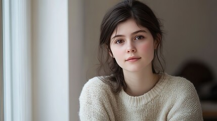 Young woman holding a camera, soft light enhancing her features, conveying creativity and focus.