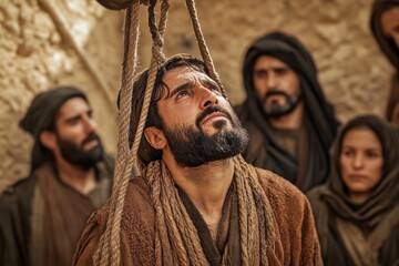 The four friends of the paralytic carry out an act of faith by lowering him through the roof so that Jesus can heal him. Bible story.	