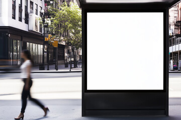 blank bus stop advertisement board in city with pedestrian passing by